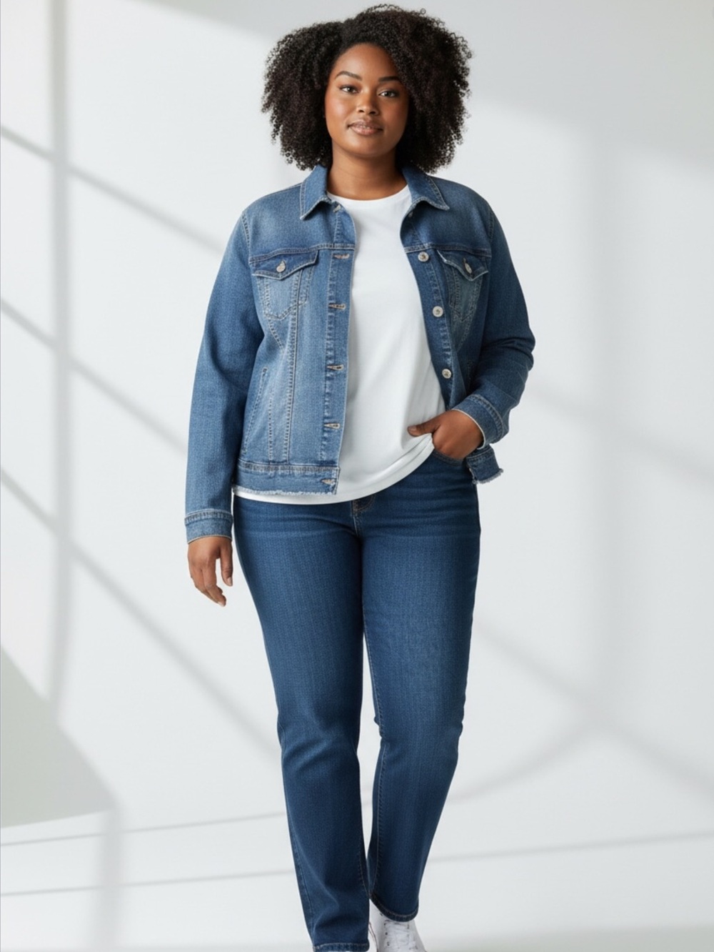 Nine West Medium Blue Classic Denim TruckerJacket with  a tiny distressed hem 1x